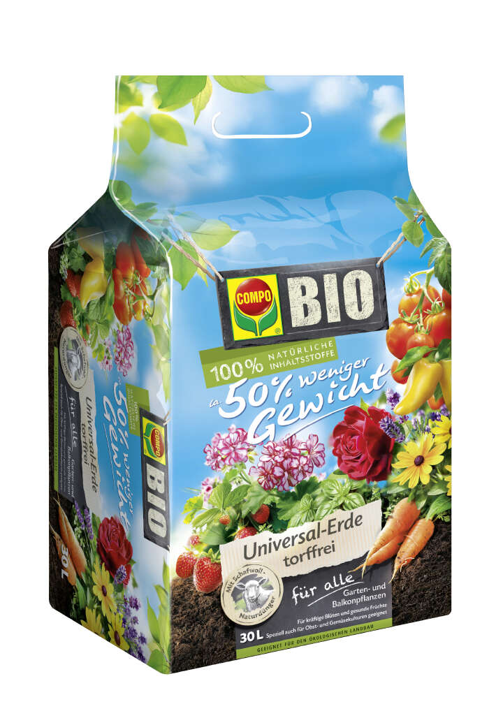 COMPO Bio Universalerde mit Schafwolle, ca. 50 % weniger Gewicht COMPO Bio Universalerde mit Schafwolle, ca. 50 % weniger Gewicht